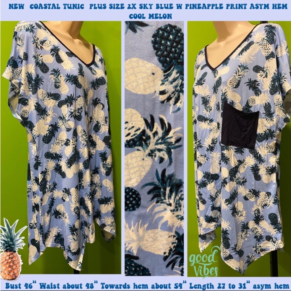 NEW  COASTAL VIBES TUNIC  PLUS SIZE 2X SKY BLUE W PINEAPPLE PRINT ASYM HEM